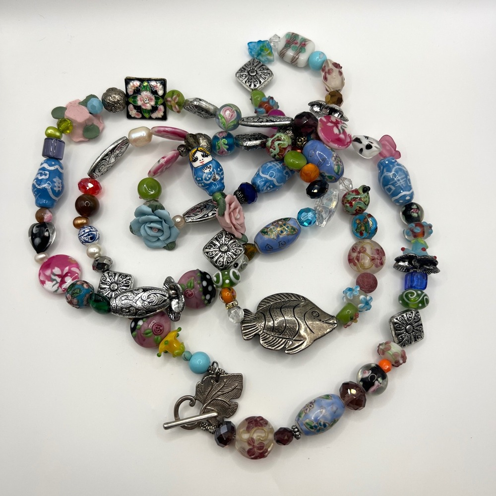 Geisha Multi Strand Beaded Necklace Porcelain Lampwork Fish Nesting Doll Floral